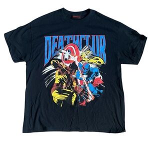 Death Club Men’s Graphic T Shirt Sz XL Wolverine Captain America Black Repaired